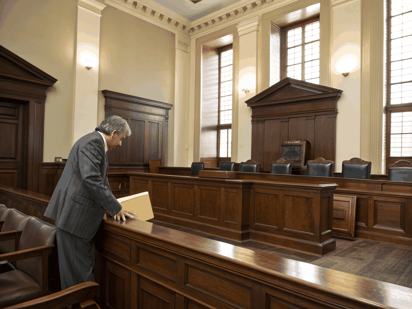 Courtroom setting with legal books